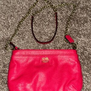 Coach Fuchsia Leather Crossbody Bag with Gold Chain
